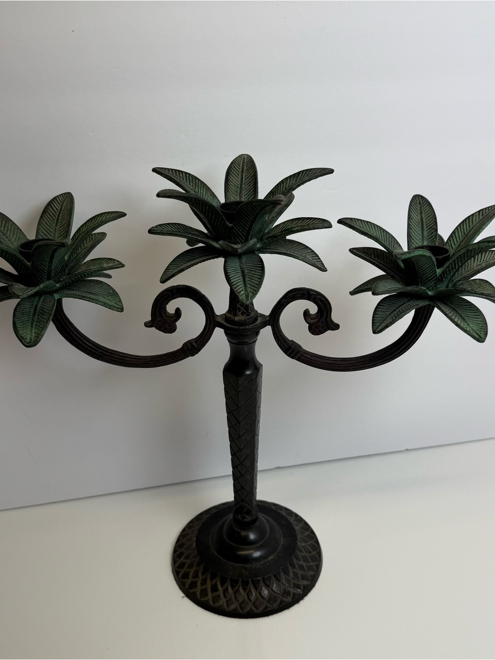 Decorative Candelabra 3 Arm Palm Leaf Design 12" Heavy Candle Holder Vintage - Picture 2 of 10
